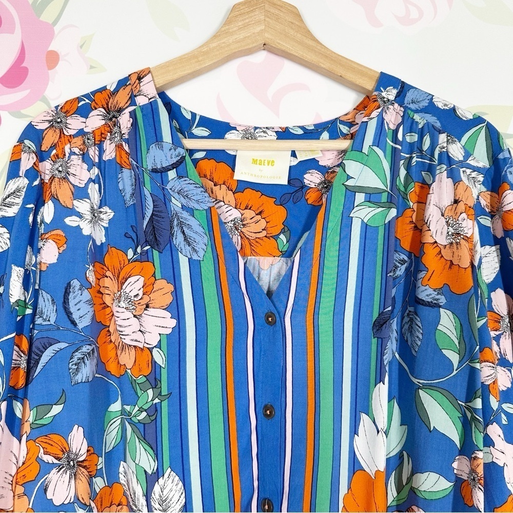 Anthropologie Maeve Floral Blue and Orange Cuffed Sleeve Blouse S - Picture 4 of 10